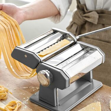 Посібник SPRINGLANE Nonna, нержавіюча сталь, макаронниця з буклетом рецептів, сушарка для макаронних виробів і 3 насадки для нарізки спагетті, лазаньї, тальятелле - (макаронна машина з насадкою для лінгвіні, сіра)