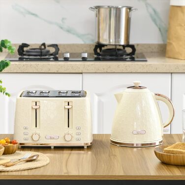 Комплект чайника та тостера HOMCOM, 1,7 л, тостер на 4 скибочки, набір для сніданку з 7 рівнями підрум&39янення, автоматичним вимкненням, функцією розморожування та розігріву та піддоном для крихт, бежевий