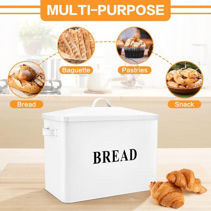 Хлібниця Herogo, дуже велика металева хлібниця для кухні, вінтажна висока хлібниця з кришкою, компактний контейнер для зберігання хліба для стільниці, вміщує 2 хліби, 33 x 24,5 x 19 см (білий)