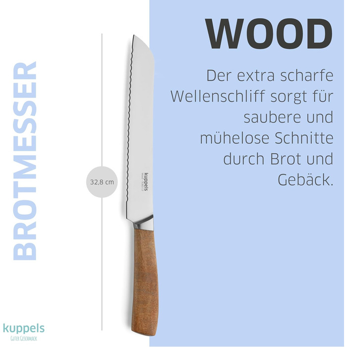 Набір кухонних ножів Kuppels WOOD, 3 предмети ніж шеф-кухаря, ніж універсальний та ніж для овочів з ручкою з акації. Надзвичайно гострий набір ножів з хромо-ванадієвої сталі, професійний набір для овочів та мяса (включає ніж для хліба).