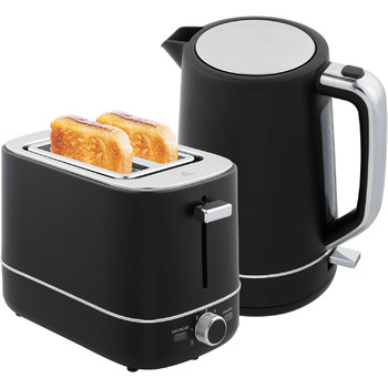Набір чайника та тостера HOMCOM 2200 Вт 1,7 л, тостер на 2 скибочки, 6 рівнів підсмажування, функції розігріву та розморожування, набір для сніданку з фільтром від накипу та піддоном для крихт, термостат Otter UK Black
