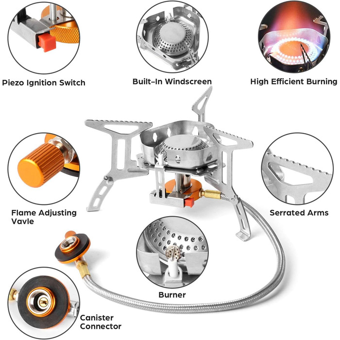 Кемпінгова плита Odoland 3500 Вт газова плита з п'єзопідпалом, вітрозахисна газова кемпінгова плита для всіх газових пальників з гвинтовими картриджами, з адаптером Складна кемпінгова плита (сіра)