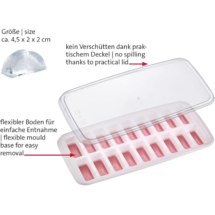 Льодогенератор Westmark Ice Cube Maker Cube форма для льоду з кришкою, для приготування 6 великих кубиків льоду, прозорий/червоний/білий пластик, без BPA, великий (напівкруглий, маленький)
