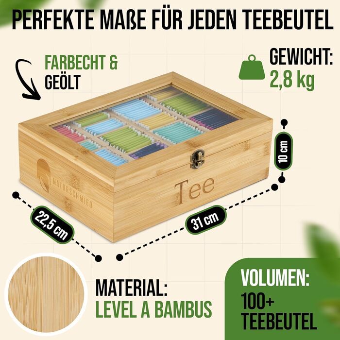 Чайна скринька преміум-класу NATURSCHMIED з вишневого дерева з 20 гнучкими відділеннями та оглядовим віконцем, (22,5 x 31 x 10 см) - посилені петлі міцна застібка - Елегантне сховище для чаю для справжніх любителів чаю (бамбук рівня А)