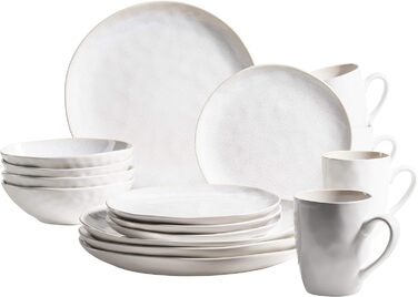 Серія Заморожена, Керамічний набір посуду для 4 осіб, Комбінований сервіз з 16 предметів з органічними формами, Кольоровий сервіз, Керамограніт, Білий