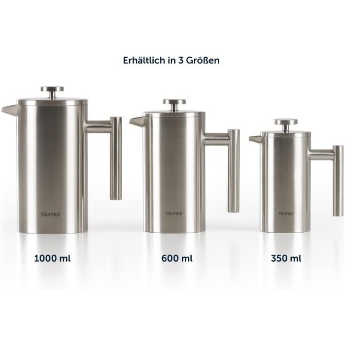 Френч-прес Blumtal з нержавіючої сталі 350 мл (2 чашки) - Двостінна ізольована термокавоварка з мірною шкалою, включаючи змінний фільтр та інструкцію, можна мити в посудомийній машині, доступна в 3 розмірах. Місткість кави 350 мл