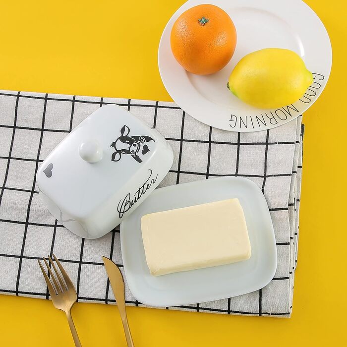 Маслянка з ручкою для 250 г вершкового масла, високоякісна кераміка, білий колір з квітковим та бджолиним візерунком, порцеляна, класична маслянка, маслянка, контейнер для масла, коробка для масла, можна мити в посудомийній машині (коров&39яча голова)