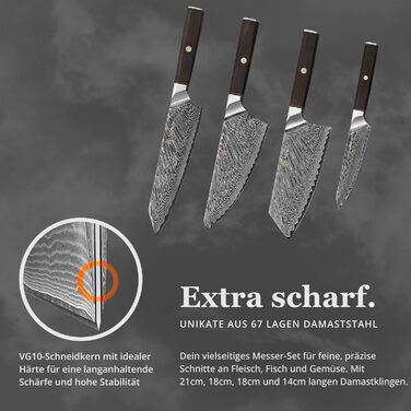 Кулінарний набір ножів з дамаської сталі Sycamore 6 ножів, 67 шарів, ядро VG10, твердість 602 HRC, ручки з клена, хлібний ніж із серрейторною заточкою, магнітний тримач для ножів, професійні кухонні ножі для точного нарізання (Culinary Asia)