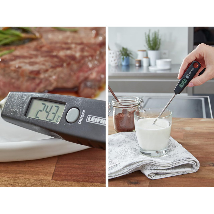 Цифровий термометр для м'яса Leifheit, термометр для гриля з попередньо встановленими рівнями приготування та таймером, магнітний термометр для м'яса для духовки, термометр із батареями, для ідеального приготування (цифровий кухонний термометр)