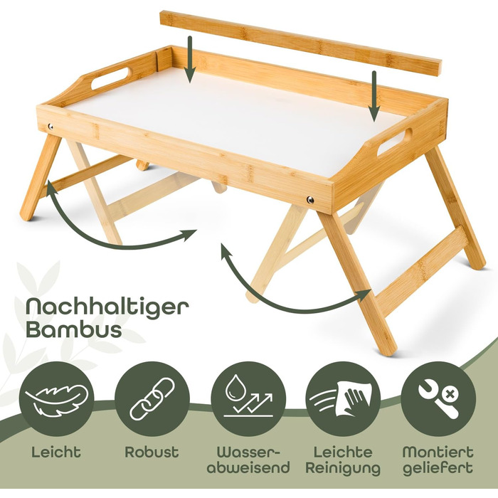 Бамбуковий піднос Blumtal з дерев&39яною підставкою для планшетів/телефонів - Піднос для сніданку для ліжка - Складаний столик для ліжка 50 x 30 x 6 см - Столик для ноутбука для дивана - Міцний піднос для дивана, білий
