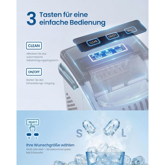 Ледогенератор для дома и путешествий 9 кубиков за 6 минут серебристо-серый SONGMICS