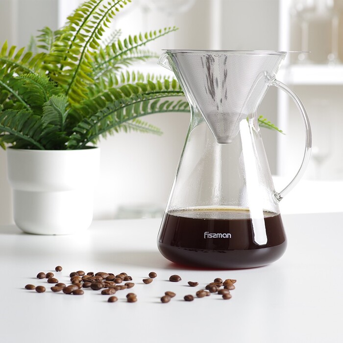 Кавник Fissman POUR OVER 900 мл. зі сталевим фільтром жаростійке скло (9083)