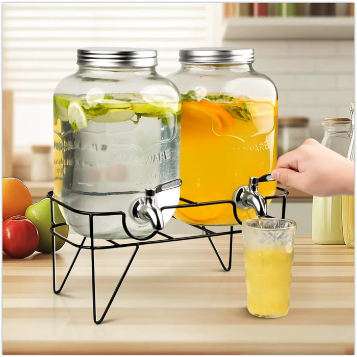 Двойной стеклянный диспенсер для напитков 2 х 4 л с металлической подставкой Hisredsun