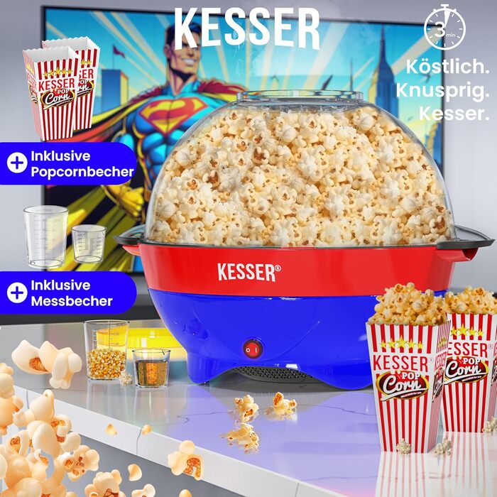 Велика машина для попкорну KESSER 800 Вт Машина для попкорну об&39ємом 5,5 л з кришкою з антипригарним покриттям та сервірувальною мискою для олії, масла, цукру, тиха та швидка, включаючи мірну чашку та чашку для попкорну, знімна нагрівальна поверхня (син