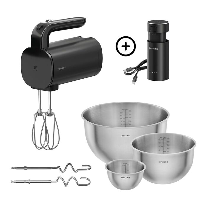 Стартовий набір бездротового міксера із зарядною станцією та мисками з нержавіючої сталі, 7 предметів, чорний Zwilling