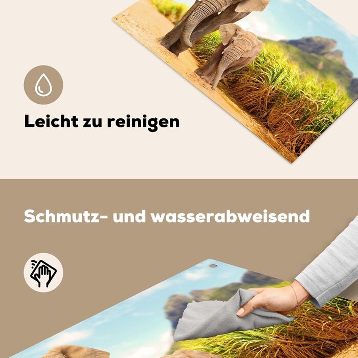 Фартух для плити, кухонний фартух, вініл, 78x52 см, декор для кухні, облицювання стіни, кришка для плити - сіро-чорна (слони - тварини, 52,7Д x 91,6Ш см)