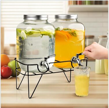 Двойной стеклянный диспенсер для напитков 2 х 4 л с металлической подставкой Hisredsun