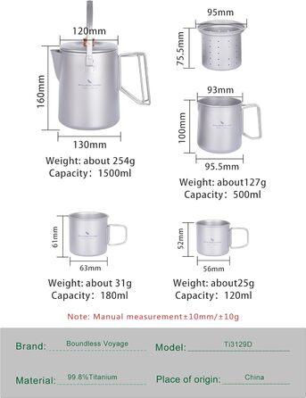 Мл Титановый чайник Кемпинг Кофе Чайник Легкий Бариста Чайник Кофемашина На открытом воздухе Путешествия Пикник Походы Сад Костер Плита Плита Плита Быстрозаваривающий чайник Ti3128D (Ti3128d 1,5 л Чайник и 500 мл Чайник и 120 мл и 180 мл Набор чашек), 150