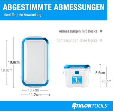 Набір контейнерів для зберігання продуктів ATHLON TOOLS, 4 шт., об&39ємом 3 л, якості для кейтерингу - 100 герметичні та герметичні від -40 до 100 градусів - для всіх продуктів - без BPA - Контейнери для зберігання в холодильнику (1 л Набір з 4 шт.)