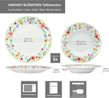 Набір столового посуду MamboCat Variant Floral з 12 предметів Барвистий порцеляновий посуд для 6 осіб 6 барвистих супових тарілок та 6 обідніх тарілок Обідні та глибокі тарілки для сніданку, обіду та вечері