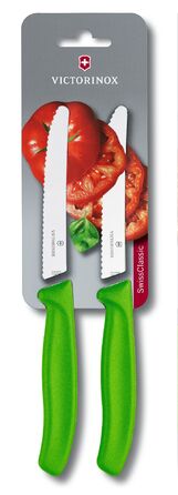 Кухонний ніж Victorinox SwissClassic Tomato&Sausage лезо 11см хвил. з зел. ручкою 2шт (блістер)