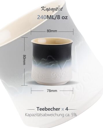 Набір японських чашок ZENS з 4-х, 240 мл естетичні рельєфні японські чашки для чаю матчу, китайська чашка без ручки, традиційна японська чашка, подарунки для любителів чаю, темно-синій (01-чорно-білий)