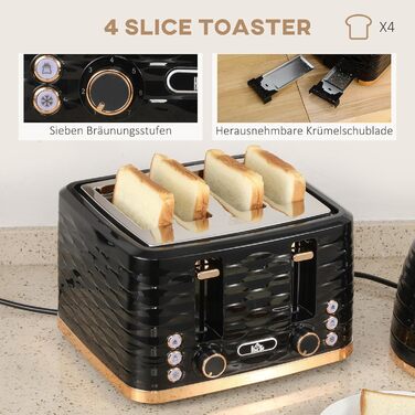 Набір для сніданку HOMCOM Kettle Toaster Set з чайником 1,7 л, тостером на 4 скибочки, 2200 Вт, 7 рівнів підрум&39янення, розморожуванням, розігріванням та піддоном для крихт, термостатом Otter, кремово-білим (чорним)