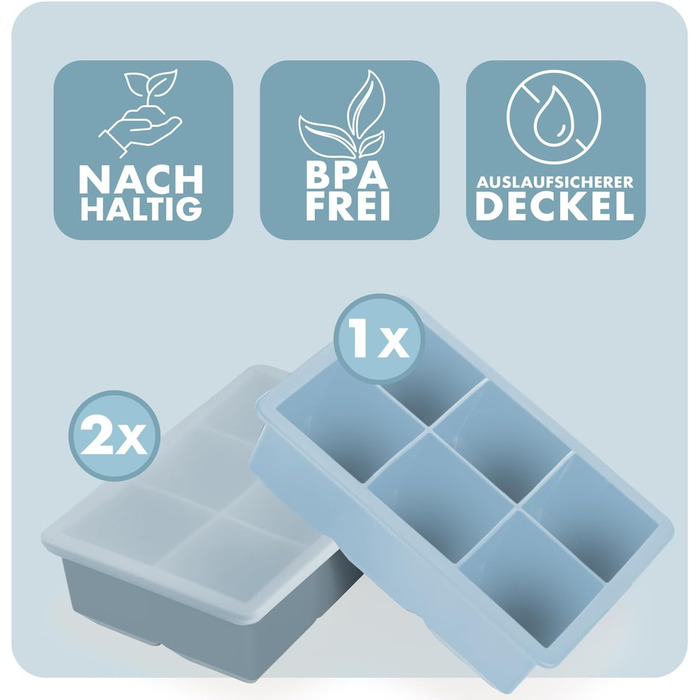 Силіконові формочки для льоду Blumtal, набір з 3 шт. - форма для льоду на 24 кубики з кришкою - силіконова форма для льоду без бісфенолу А - форма для льоду, безпечна для харчових продуктів - сіро-блакитний великі кубики (сіро-блакитний світло-блакитний, 