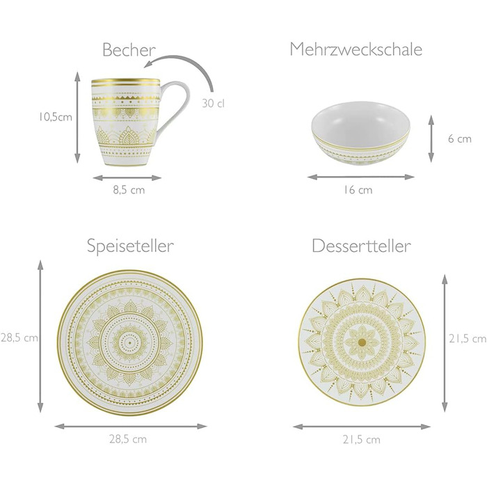 Серія Mandla Gold Black, набір посуду з 8 предметів, комбінований набір керамограніту (16 предметів, золотисто-білий), 23587