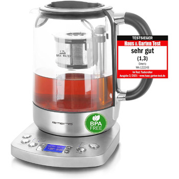 Скляний чайник Emerio WK-122248 ПЕРЕМОЖЕЦЬ ТЕСТІВ з повністю автоматичним чайним ситечком 1.3 класу, автоматичне опускання, боросилікатне скло, без BPA, об&39єм 1.7 л, вибір температури, 2200 Вт, чорний/срібний