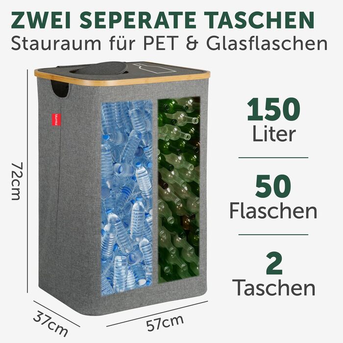 Контейнер для збору порожніх пляшок Blumtal 150 л з 2 відділеннями - Органайзер для порожніх пляшок з бамбука - Збірник порожніх пляшок - Збірник порожніх пляшок - Контейнер для збору порожніх пляшок з отвором - Збірник сірого кольору - 150 л