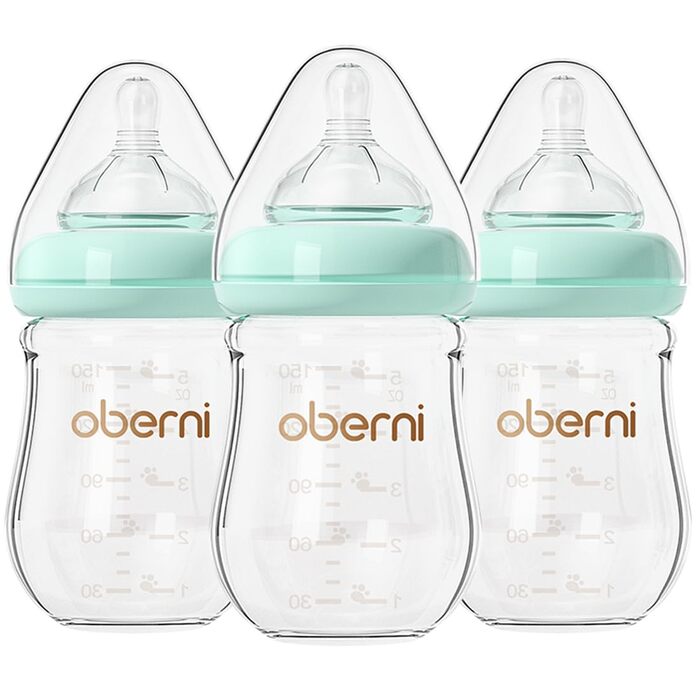Скляні дитячі пляшечки Oberni з силіконовою соскою, розмір 1, пляшечка для молока з широким горлом, дитяча пляшечка з антиколіковим клапаном для новонароджених від 0 місяців, 150 мл, сині, (синій/3 шт.)
