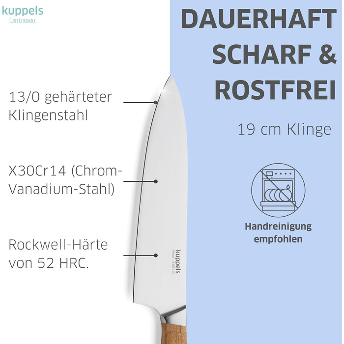 Набір кухонних ножів Kuppels WOOD, 3 предмети шеф-ніж, ніж універсальний та ніж для овочів з ручкою з акації, надзвичайно гострі ножі з хромо-ванадієвої сталі, професійний набір для мяса та овочів (шеф-ніж)