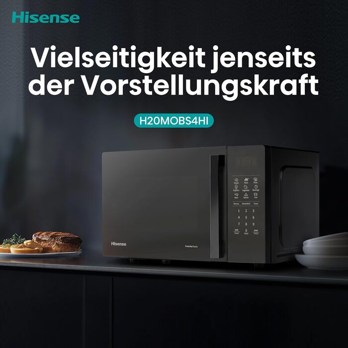 Мікрохвильова піч Hisense H20MOBP1HI / 700 Вт / InverterTech / Керамічне покриття / Преміальне скло / Виготовлена на замовлення, багатофазне приготування / Функція розморожування / 5 рівнів потужності / Блокування від дітей / Чорна (20 л, цифрове керуванн
