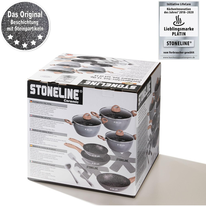 Набір керамічних горщиків STONELINE з 6 предметів, 18/20/24 см, горщики з кришкою, антипригарні, без PFAS, для індукційних плит усіх типів з керамічним покриттям зі справжніми кам&39яними частинками, набір посуду (імітація дерева, 14 предметів)