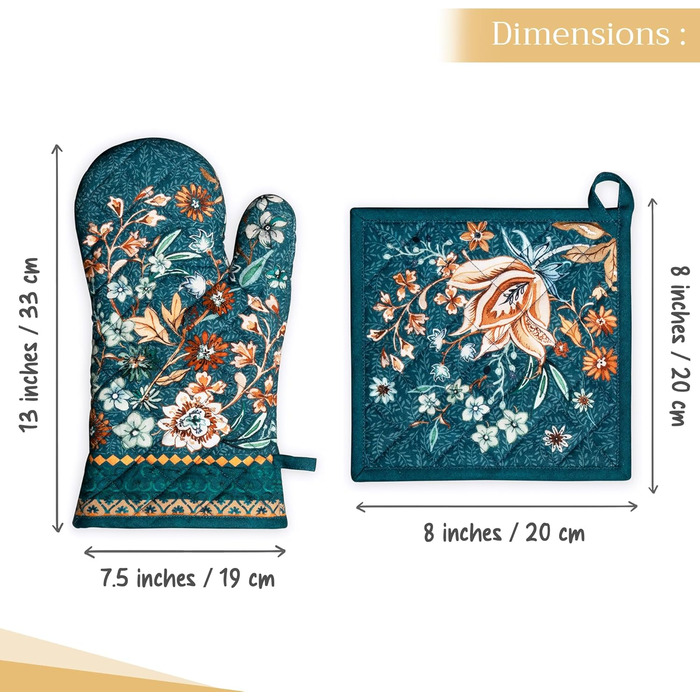 Рукавички для духовки, прихватки для каструль Maison d&39 Hermine, 100 бавовна, термостійкі кухонні рукавички, рукавички для духовки (19 x 33 см) та прихватки для каструль (20 x 20 см) для приготування їжі, Morzine - Рукавички для духовки (19 x 33 см) та