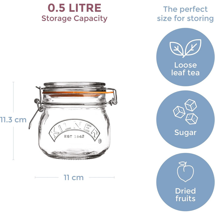 Стеклянная банка для хранения 0,5 л с зажимом Kilner