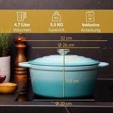 Чавунна каструля Chefarone 24 см, Емальована каструля з кришкою для випікання хліба, тушкування та запікання Індукційна каструля для хліба (синя, 4,7 л)