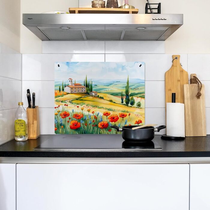 Фартух для плити, кухонний фартух, вініл, 78x52 см, декор для кухні, облицювання стіни, кришка для плити - сіро-чорна (квітковий пейзаж, 52Д x 65Ш см)