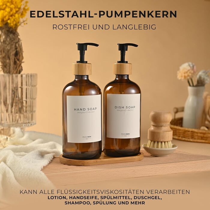 Диспенсер для мила 500 мл, набір 2 предмети на бамбуковій підставці, коричневе скло MaisoNovo