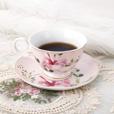 Чайні чашки з блюдцями Fanquare з квітковим візерунком, набір з 6 шт. , різноманітні порцелянові кавові чашки з пастельними квітковими принтами та золотим обідком, придатні для миття в посудомийній машині та заморожування, рожеві та блакитні