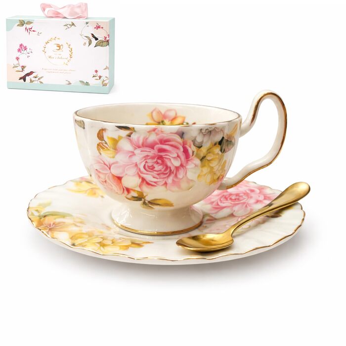 Керамічна чайна чашка з блюдцями та ложками (літо)