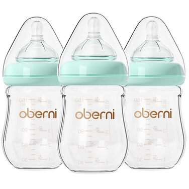 Скляні дитячі пляшечки Oberni з силіконовою соскою, розмір 1, пляшечка для молока з широким горлом, дитяча пляшечка з антиколіковим клапаном для новонароджених від 0 місяців, 150 мл, сині, (синій/3 шт.)
