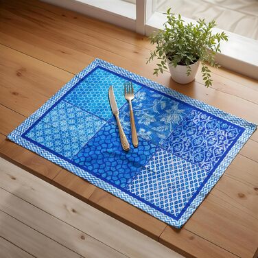 Бавовняні килимки для серветок, набір з 4 шт. , декоративні килимки для серветок, пасхальні килимки, що миються, для свят, вечерь, весни, літа (33 см x 48 см) (021 - Indigo Love), 39Hermine 100