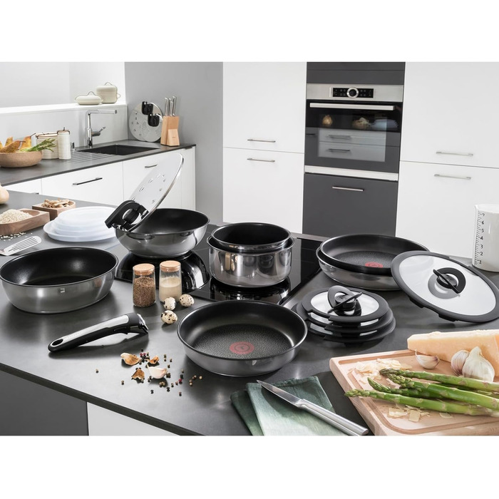 Набір посуду для індукційного приготування Tefal Ingenio Preference On, 15 предметів, зі знімною ручкою, що штабелюється, економить місце, з антипригарним покриттям, простий у використанні та чищенні, L97495 Набір посуду для каструль та сковорідок (Набір
