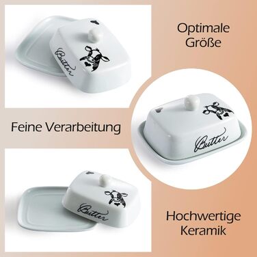 Маслянка з ручкою для 250 г вершкового масла, високоякісна кераміка, білий колір з квітковим та бджолиним візерунком, порцеляна, класична маслянка, маслянка, контейнер для масла, коробка для масла, можна мити в посудомийній машині (коров&39яча голова)