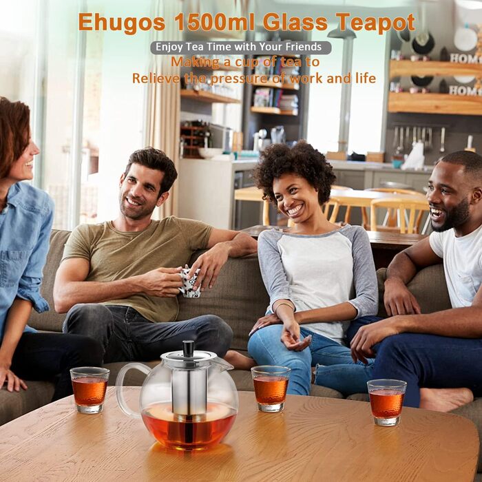 Чайник Ehugos 1500 мл Чайник з товстого скла з ситечком з нержавіючої сталі Горщик з боросилікатного скла (1500ML2)