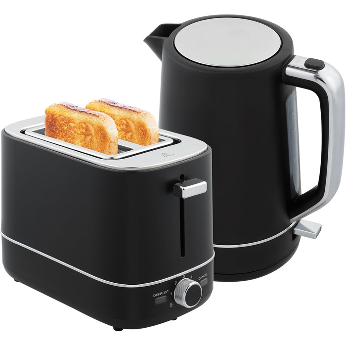 Набір чайника та тостера HOMCOM 2200 Вт 1,7 л, тостер на 2 скибочки, 6 рівнів підсмажування, функції розігріву та розморожування, набір для сніданку з фільтром від накипу та піддоном для крихт, термостат Otter UK Black