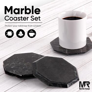 Підставки під чашки з оніксу, 8.9 см, ручної роботи, з підставкою, 6 шт. (Чорні) - для офісу, напоїв, кави, бару та обіднього столу