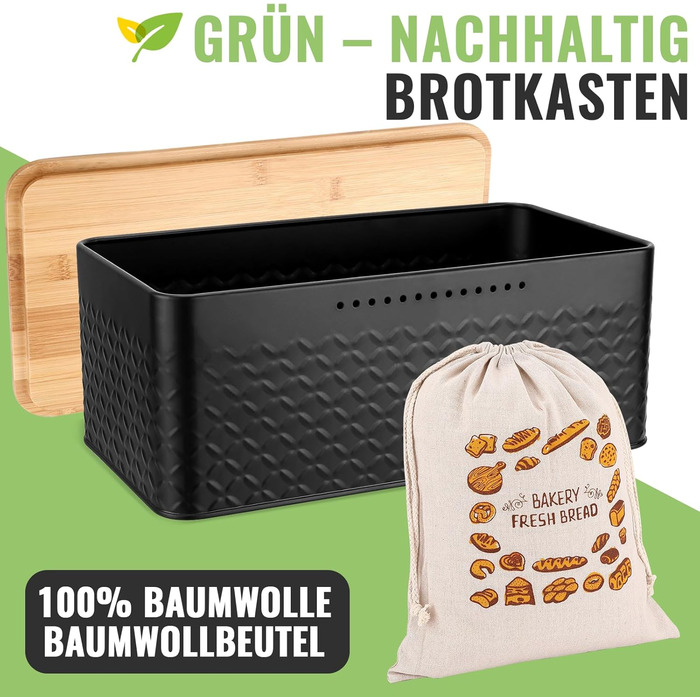 Хлібниця 33 x 19 x 12 см з дерев'яною кришкою та лляним хлібним мішком, чорна Royouzi